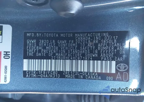 2017 Toyota Corolla Se из США, поврежденный, VIN 2T1BURHE4HC871874